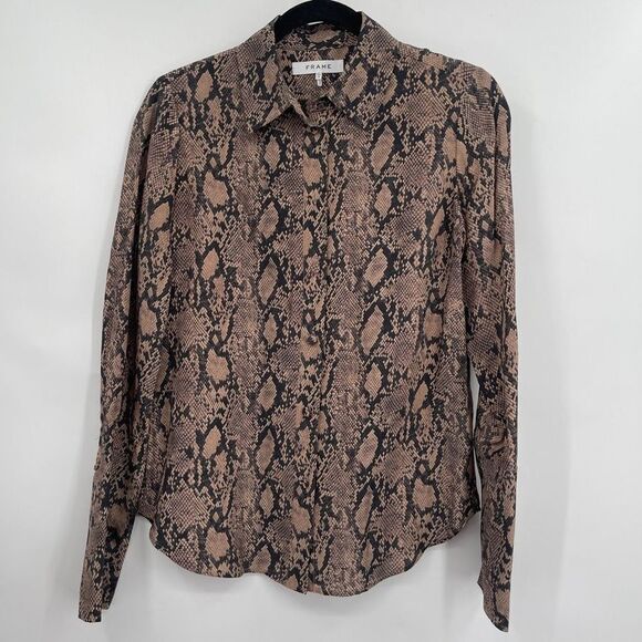 Frame Women's Button-Up Collared Snakeskin Print Tan Black Silk Top Size XS - Picture 1 of 8